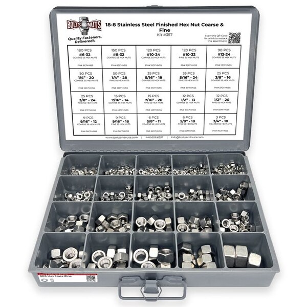 Boltsandnuts.Com 18-8 Stainless Steel Finished Hex Nut Coarse & Fine - 968 pcs Assortment Kit #357 - main